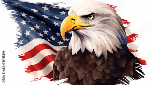 Bald eagle with American Flag, on white background.