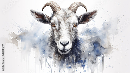 Horned goat is a pet in a spray of watercolor paints photo