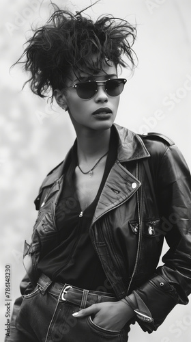 Black and white portrait of an African American female model in a cyberpunk style leather jacket and sunglasses