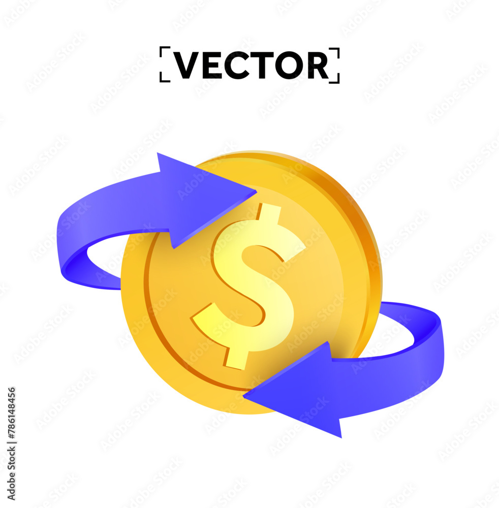 Fototapeta premium 3d cashback icon with golden coin, dollar sign and arrows, isolated on background. 3d cashback symbol, saving and earning icon. Vector illustration. Vector illustration