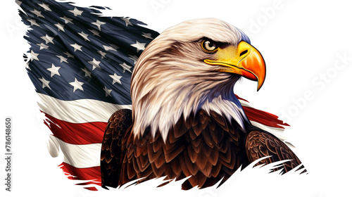 Bald eagle with American Flag, on white background.