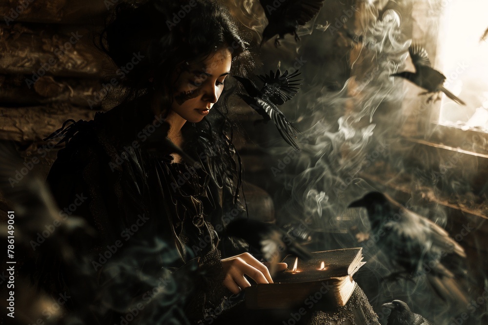 A woman is sitting in front of a book with smoke coming out of it