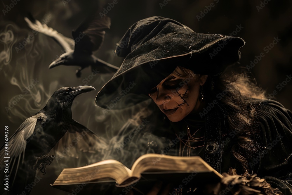 A woman is sitting in front of a book with smoke coming out of it