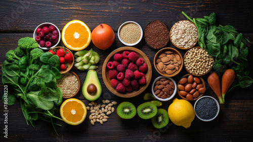 Healthy food clean eating selection fruit, vegetable, seeds, superfood, cereal, leaf vegetable on dark wood background, top eyes view.