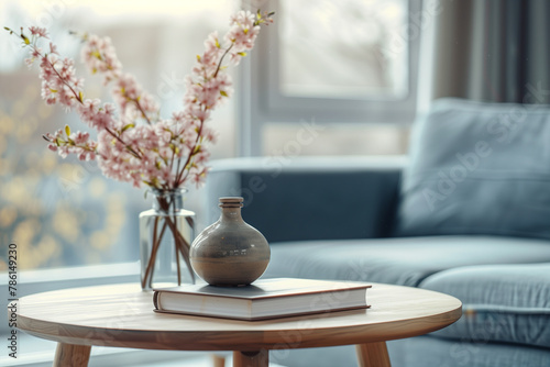 Modernes Interieur, runder Holztisch mit Büchern und einer Vase im Vordergrund, graues Sofa vor einem Fenster mit Frühlingsblumen, unscharfer Hintergrund eines modernen Wohnzimmers, Wohnkultur Konzept photo