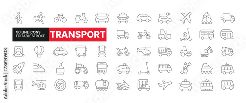 Set of 50 Transportation line icons set. Transport outline icons with editable stroke collection. Includes Bus, Snowmobile, Rickshaw, Cruise Ship, Motorcycle, and More.