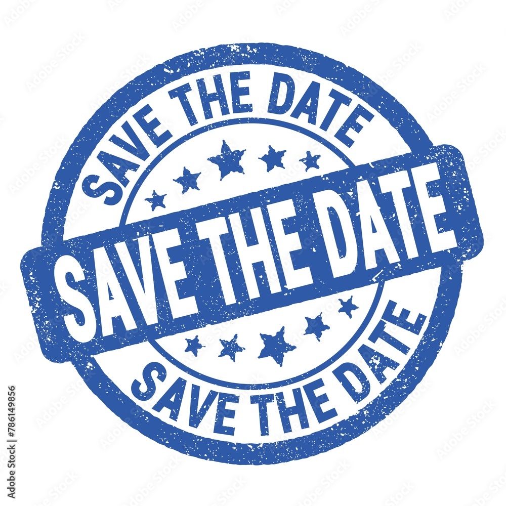SAVE THE DATE text written on blue round stamp sign.