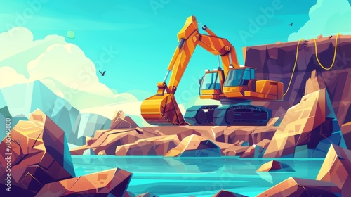 Coal or metal ore opencast pit mine production modern concept, stone quarrying equipment modern banner. Excavators and heavy industrial equipment on career, a cartoon banner about quarry services.