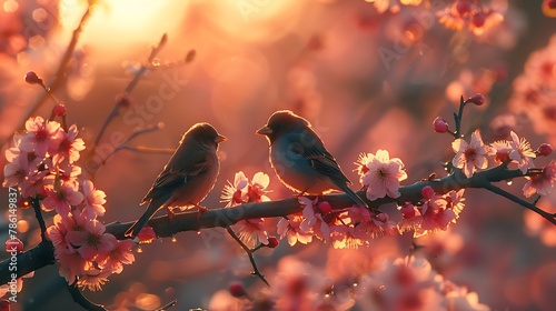 A tranquil scene of two lovebirds perched on a blossoming tree branch, bathed in the soft glow of a setting sun, their affection palpable in the gentle breeze.