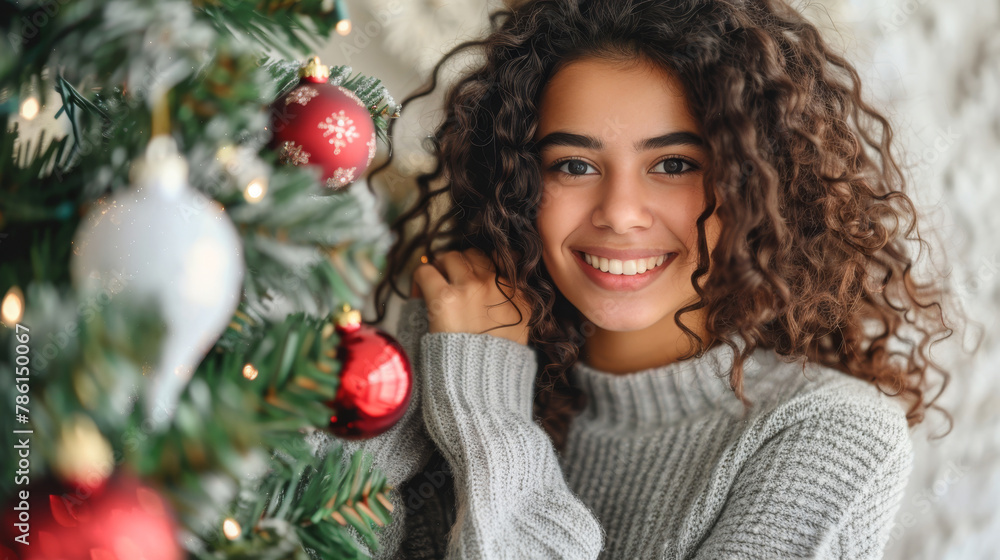 woman decorating christmas tree woman decorating christmas tree