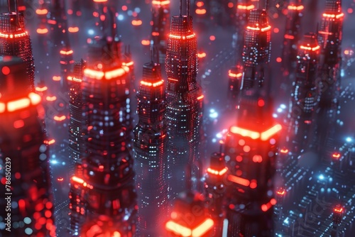 A cityscape with many buildings lit up in red