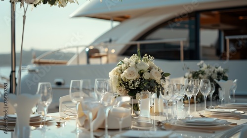 Elegant Yacht Side Wedding with Breathtaking Waterfront Backdrop and Luxurious Table Setting
