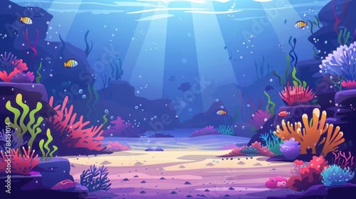 The bottom of an ocean or sea has sand and seaweed growing on rocks under sunlight coming down from above. Marine scene  tropical underwater life. Cartoon modern illustration.