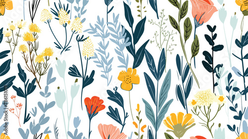 Abstract seamless pattern with plants herbs and flower