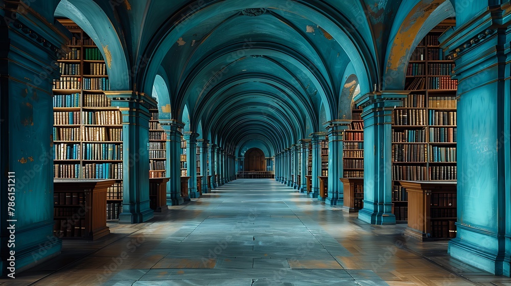 Behold the majesty of the library's architecture, where arches and columns stand as silent guardians of knowledge, preserving the legacy of countless scholars.