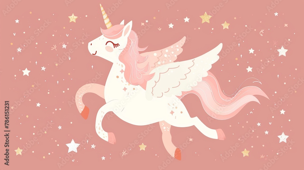 Flying unicorn. Magical unicorn with pink mane surrounded by star dust for sticker, patch badge, card, t-shirt, and funny children's design. Flying unicorn. Magical unicorn with pink mane surrounded by star dust for sticker, patch badge, card, t-shirt, and funny children's design.