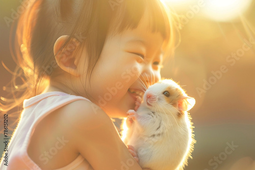 Happy Asian child hugging hamster, sunset on background