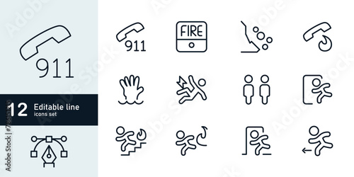 Construction safety, 911, workplace protection and safety, work zone safety, hazard notification and warning, fire alarm, caution, lifeguard, emergency exit, icon vector set