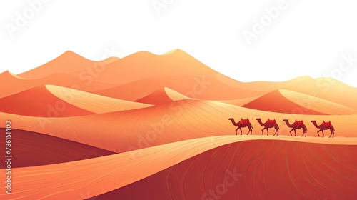 A desert scene with sand dunes in simple flat vector illustration style. A caravan or herd walking across a large area towards distant mountains in a minimalist design style. photo