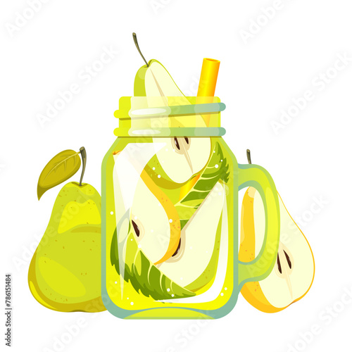 Cocktail with pear. Refreshing drink in a can with pear. Summer juice with pear. Smoothie with fresh fruit. Lemonade with pear. Vector illustration