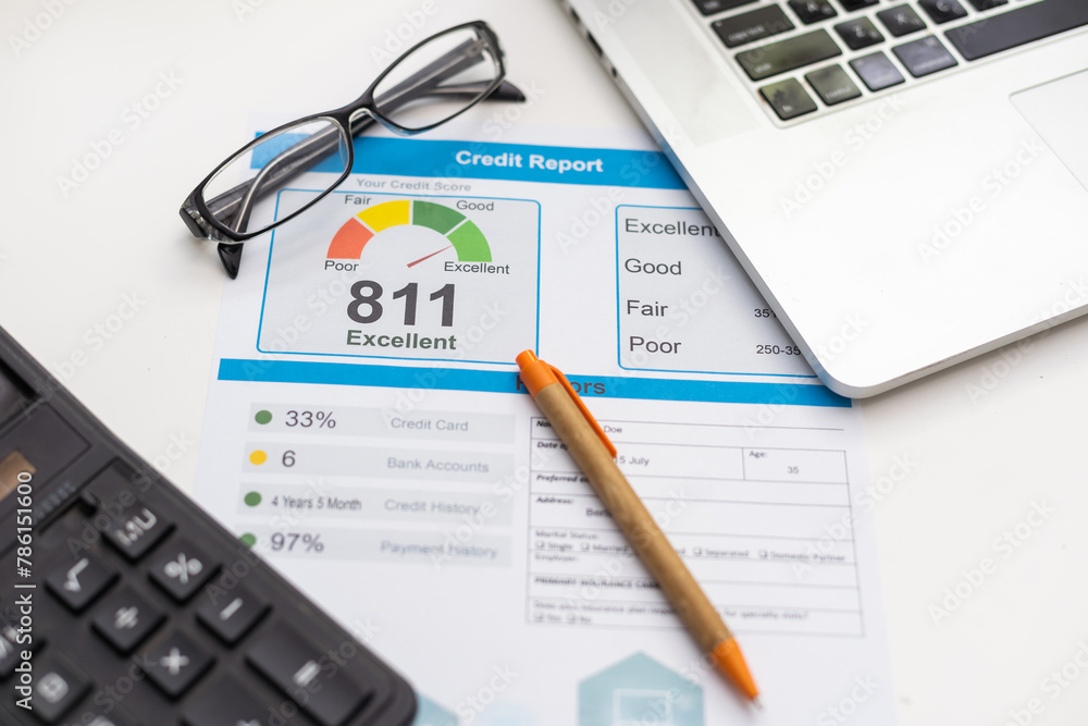 Credit report with score on a desk Credit report with score on a desk