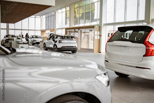 Bild auf Leinwand Exterior of new brand fully electric suv car in light dealership