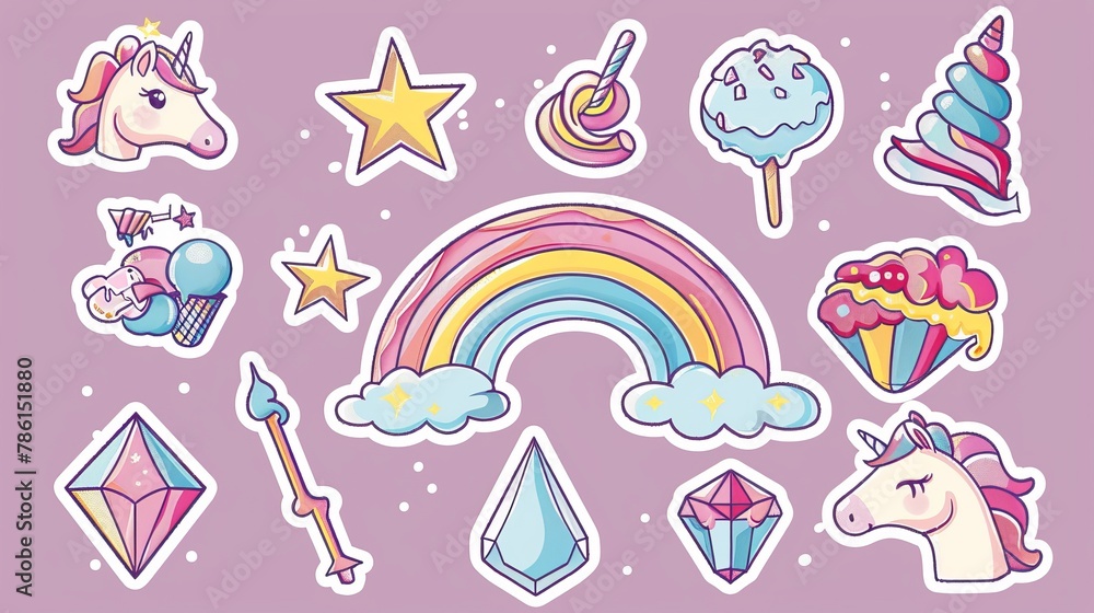 An array of cute unicorn, rainbow, ice cream, shooting star, magic wand, diamond, and other fashion patches.