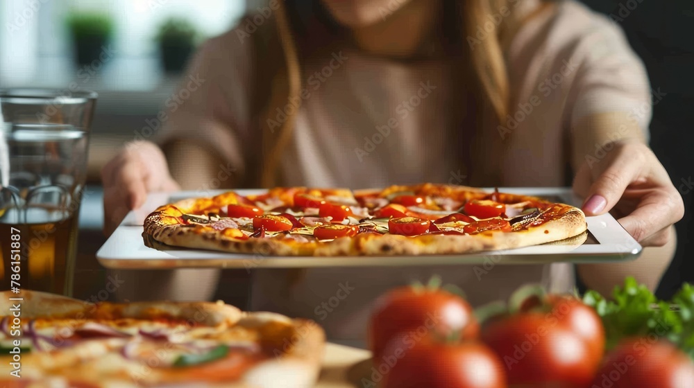 The image shows a young girl holding a tablet PC and pressing on the pizza icon. The girl searches and orders pizza online. The image shows a young girl holding a tablet PC and pressing on the pizza icon. The girl searches and orders pizza online.