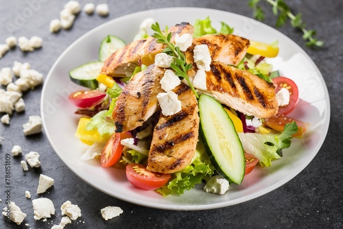 Grilled chicken salad with fresh vegetables and feta cheese
