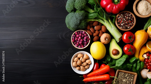 Healthy food clean eating selection fruit, vegetable, seeds, superfood, cereal, leaf vegetable on dark wood background, top eyes view. © peekeedee