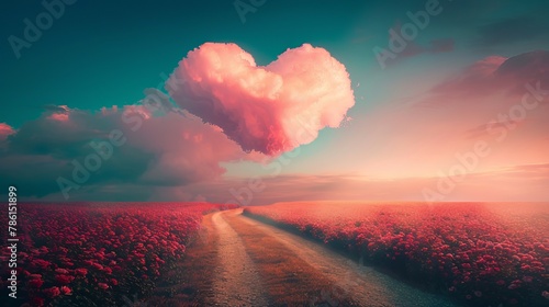 A heart-shaped cloud in the sky, a road leading to it, a field of red and pink roses, romantic atmosphere photo
