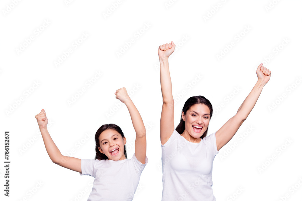 Close up photo cheer two people brown haired mum small little daughter hands arms air glad yell football fans free sale discount shopping buy buyer wear white t-shirts isolated bright blue background Close up photo cheer two people brown haired mum small little daughter hands arms air glad yell football fans free sale discount shopping buy buyer wear white t-shirts isolated bright blue background