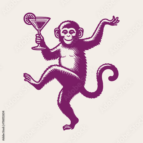 A cheerful dancing monkey with a glass of alcoholic drink in his hand. Vintage retro illustration, emblem logo. Pink