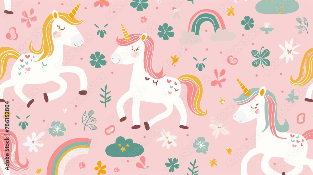 A very pretty and innocent seamless pattern. Modern magic background of pink color with unicorns, rainbows, clouds, stars and clover for good luck. A very pretty and innocent seamless pattern. Modern magic background of pink color with unicorns, rainbows, clouds, stars and clover for good luck.