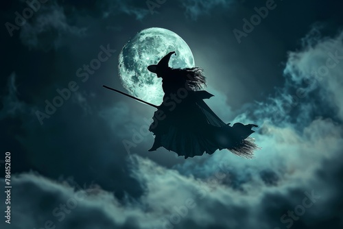 A witch flying on a broomstick with a full moon in the background