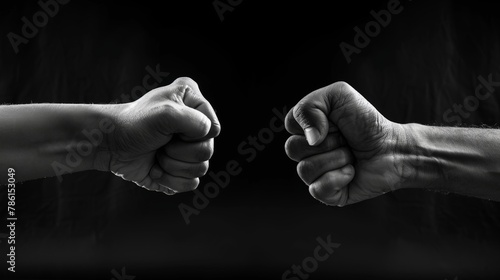 In this black and white illustration, two fists with a male and female face collide on a dark background. Concept of confrontation, competition, family quarrel, etc. photo