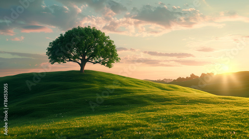 A large tree is standing in a lush green field. The sky is blue and the sun is setting, casting a warm glow over the landscape. The scene is peaceful and serene