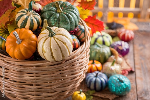 Variety of colorful decorative pumpkins in a big basket