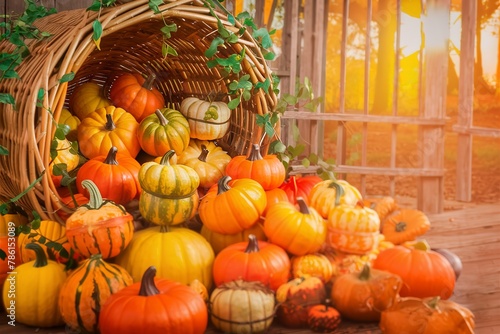 Variety of colorful decorative pumpkins in a big basket