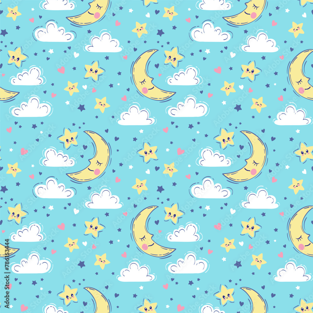Vector hand drawn seamless pattern. Cute background with sleeping smiling moon, stars, clouds. Night sky, baby print in light blue colors Vector hand drawn seamless pattern. Cute background with sleeping smiling moon, stars, clouds. Night sky, baby print in light blue colors