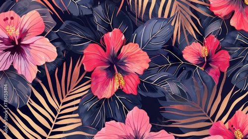 An exciting seamless pattern with watercolor and outline elements of hibiscus flowers, leaves, and golden rhombuses. Ideal for wallpapers, web page backgrounds, fabrics, and other products.