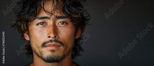 A Asian man with a beard and long hair is looking at the camera. He has a serious expression on his face. creative headshot of an Asian man with a perm in his hai