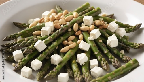 Warm salad with asparagus, feta cheese, pine nuts and lemon