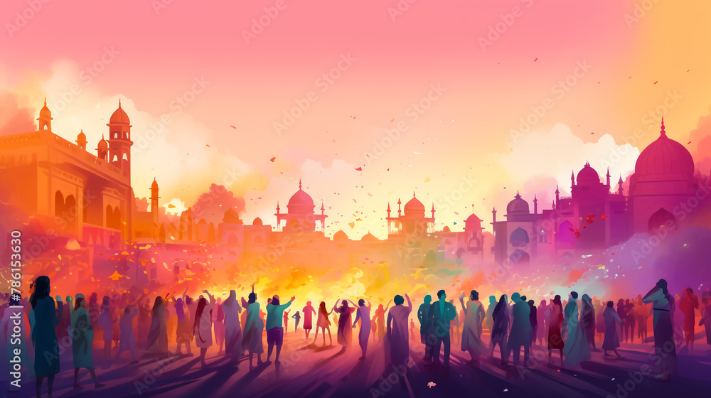 an impressionist-style abstract watercolor painting depicts a diverse group of people united on a colorful rainbow background, commemorating pride month
