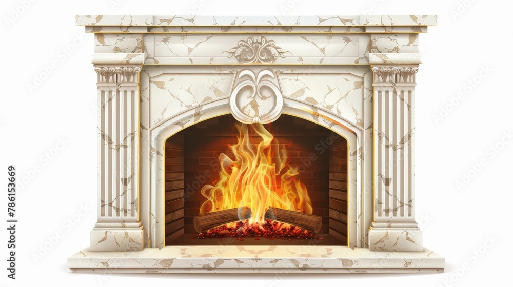 Modern illustration of hearth in stone frame without pilasters and empty mantelpiece isolated on white background. White marble fireplace for home interior in classic style. Modern illustration of hearth in stone frame without pilasters and empty mantelpiece isolated on white background. White marble fireplace for home interior in classic style.