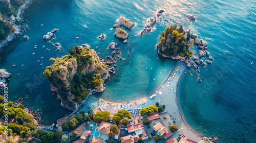 Aerial view of Isola Bella island and beach in Taormin photo
