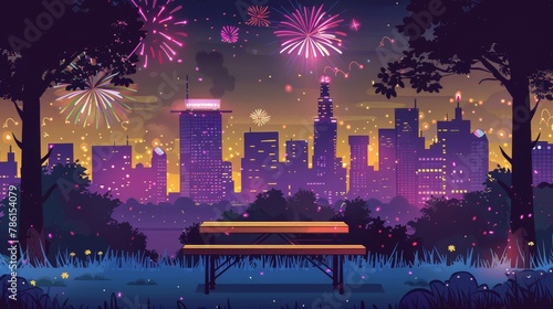 In summer landscape of a public garden, town buildings and fireworks, a wooden picnic table with a wooden barbecue is contrasted with a firework display at night. Modern cartoon illustration of photo