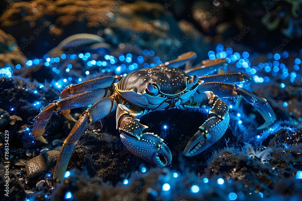 A blue crab hosting a dance party on the ocean floor, with bioluminescent creatures lighting up the dance floor A blue crab hosting a dance party on the ocean floor, with bioluminescent creatures lighting up the dance floor