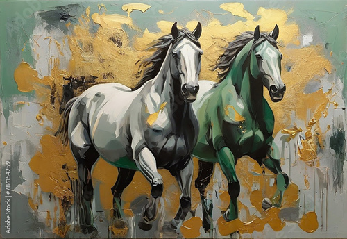 Abstract artistic background of golden brush strokes of oil painting on canvas of two horses. © Юлия Васильева