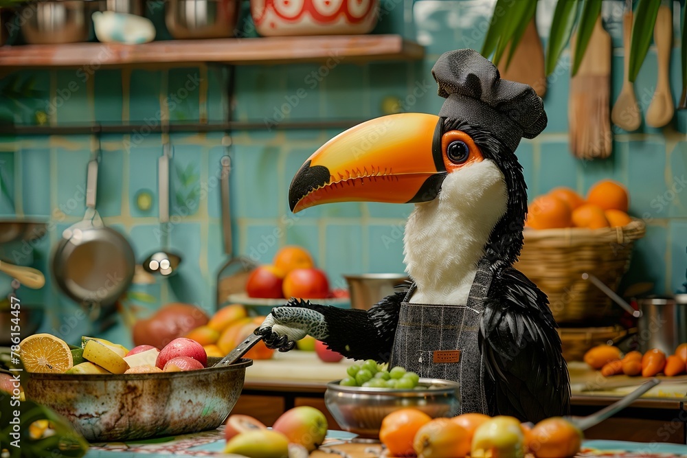 toucan hosting a cooking show, demonstrating how to make tropical fruit salads in its vibrant kitchen - obrazy, fototapety, plakaty 